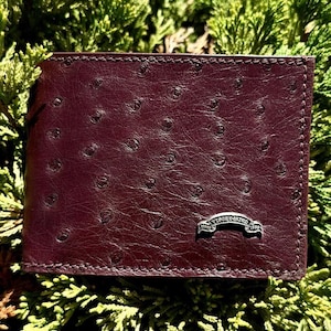 Portafoglio da uomo in vera pelle di struzzo, bordeaux, a due ante, lussuoso, esotico, porta carte, regalo di anniversario per lui, accessori da uomo