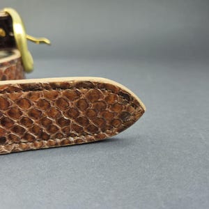 K&ouml;nnte beinhalten: Ein brauner G&uuml;rtel mit texturiertem Schlangenledermuster, spitz zulaufendem Ende und sichtbaren N&auml;hten an den Kanten. Der G&uuml;rtel wird mit einer polierten, goldfarbenen Metallschnalle geschlossen, die eine geschwungene Form aufweist.