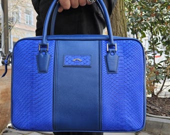 Blue Python Leather Laptop Bag, Luxury Exotic Snake Skin Briefcase for Men, Premium Saffiano Business Bag, Handmade 15" Mac Book Case