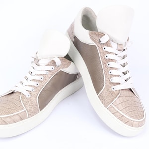 Luxurious Beige Alligator Leather Sneakers with Vibram Sole and Nappa Lining