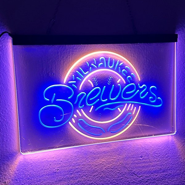 Milwaukee Brewers LED Neon Sign 8x12, Dual Color Neon Light, MLB Gift, Wall Decor, Baseball Hanging Sign Light