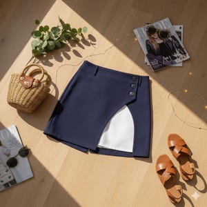 May include: A navy blue mini skirt featuring an asymmetrical front slit that reveals a white underlayer, finished with three dark buttons along the side seam. The skirt has a structured waistband with belt loops and a clean, tailored hemline.