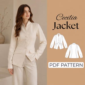 Peut inclure: Une veste beige avec un col montant, trois boutons sur le devant et deux poches à rabat. L'image inclut le texte Cecilia Jacket et PDF PATTERN, ainsi qu'un dessin technique montrant les vues avant et arrière du vêtement.