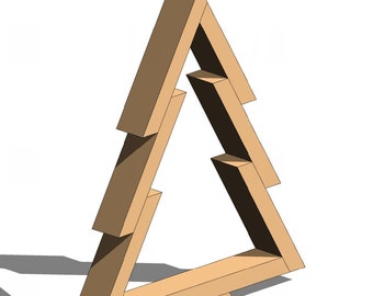 May include: A geometric wooden tree sculpture with a light brown color. The tree is constructed from rectangular blocks arranged in a triangular shape, with additional blocks extending from the sides to create a layered effect. The sculpture casts a shadow.