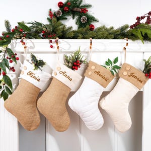 Family Stockings, Personalized Ivory Cream Quilted Stockings for Family Decoration, Natural Burlap Christmas Stockings, Christmas Gifts