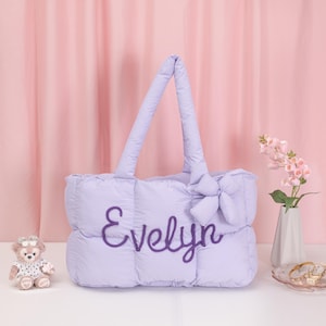 Puff Quilted Bag with Bow Decor, Custom Cloud Puffy Tote Bag, Aesthetic Soft Fluffy Shoulder Bag, Bridesmaid Gift for Her
