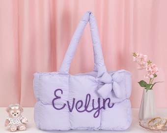 Puff Quilted Bag with Bow Decor, Custom Cloud Puffy Tote, Shoulder Bag, Bridesmaid Gifts