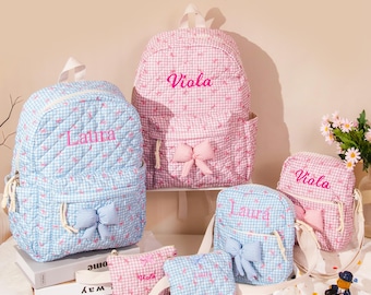 Custom Name Quilted Bow Bag, 3-in-1 Student Set with Backpack Lunch Bag Cosmetic Pouch