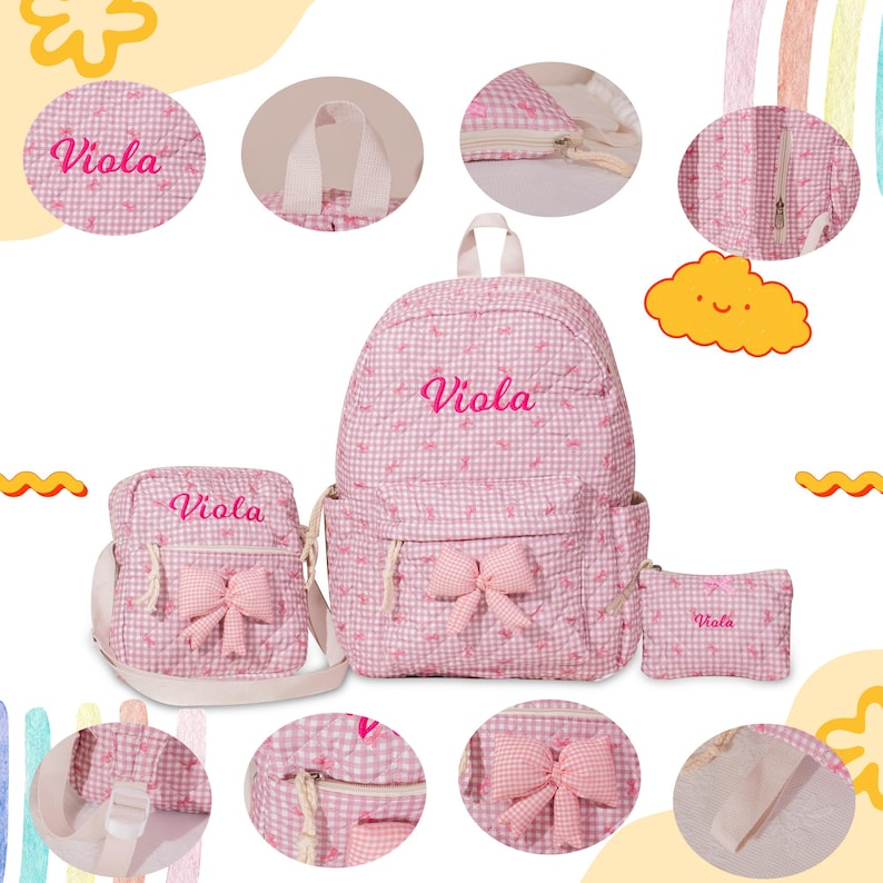 May include: A pink and white gingham backpack set with the name "Viola" embroidered on each piece. The set includes a backpack, a crossbody bag, and a small pouch, all adorned with bows.