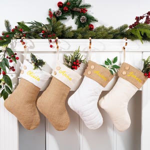 Christmas Stockings, Christmas Gifts, Personalized Ivory Cream Quilted Stockings for Family Decoration, Natural Burlap Christmas Stockings