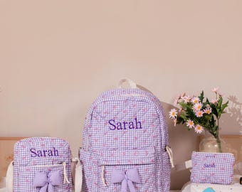 Matching Backpack Lunch Bag Cosmetic Pouch with Bows, Personalized Student Gift Set