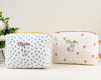 Handmade Quilted Floral Makeup Bag: Cotton Travel Toiletry Pouch