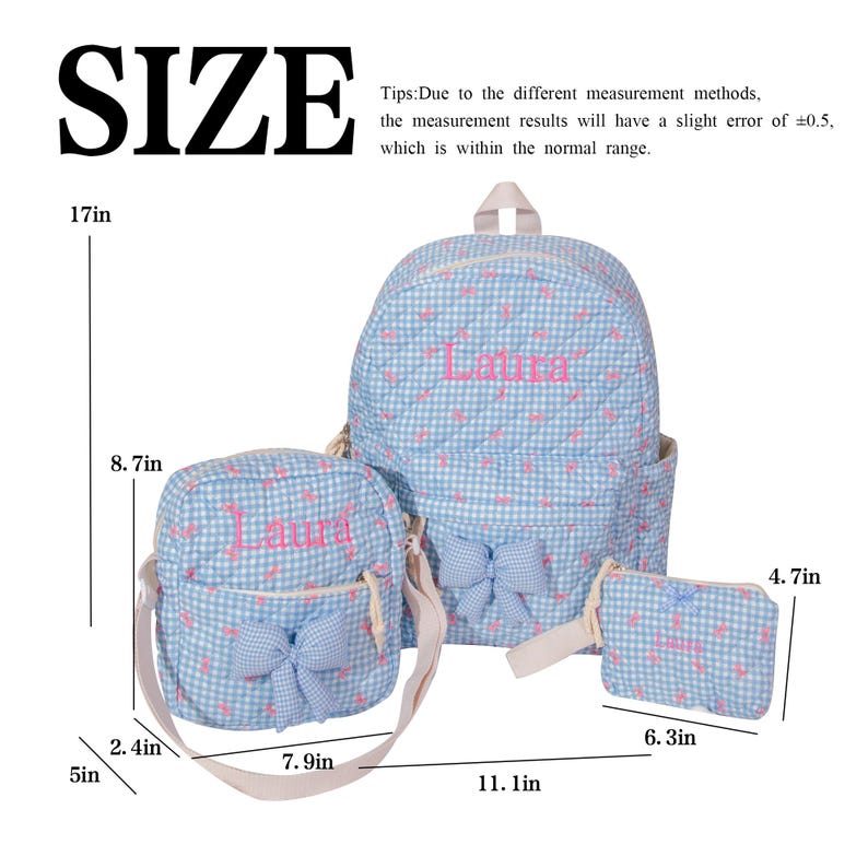 May include: A light blue backpack, crossbody bag, and small pouch set. The bags have a gingham pattern with pink hearts and bows. The backpack is 17 inches tall, the crossbody bag is 8.7 inches tall, and the pouch is 4.7 inches tall. The name "Laura" is embroidered on each bag.