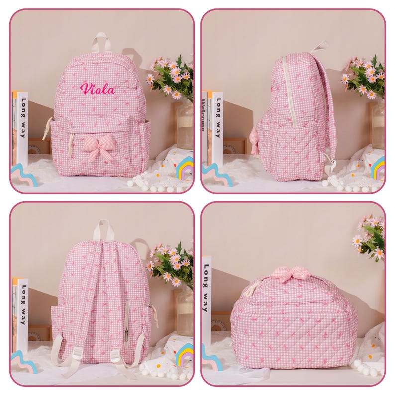 May include: Pink gingham backpack with a bow and the name "Viola" embroidered on the front. The backpack has a front pocket, side pockets, and a top handle. The bag is made of a quilted fabric.