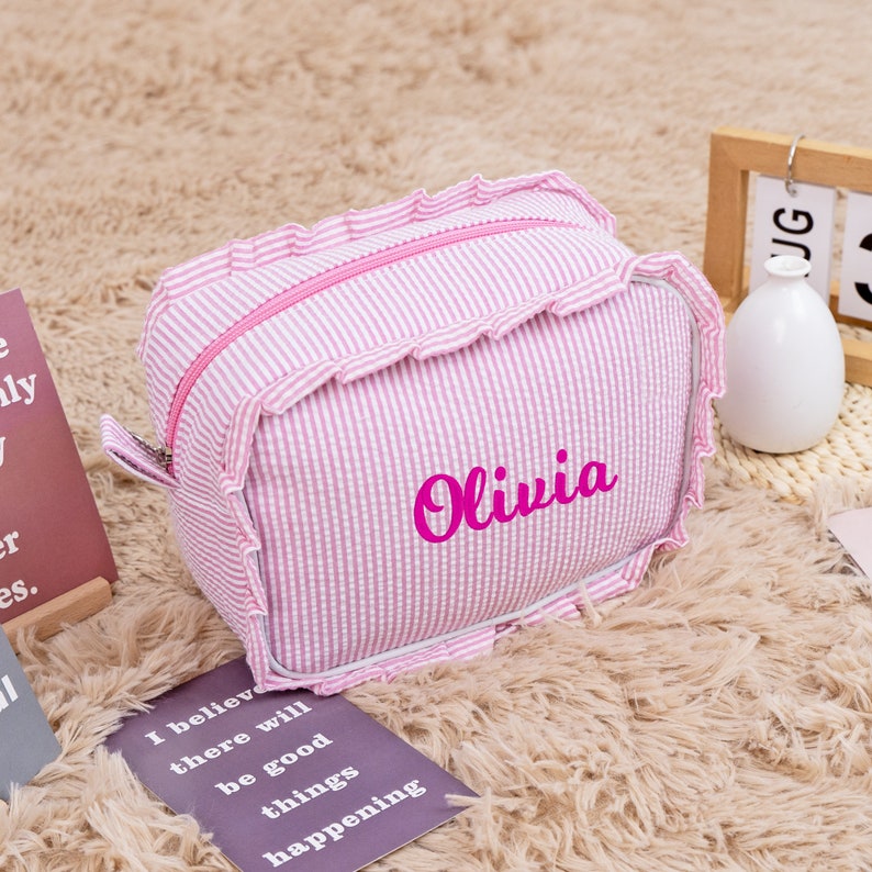 Monogrammed Seersucker Bag, Personalized Cosmetic Bag, Ruffle ...