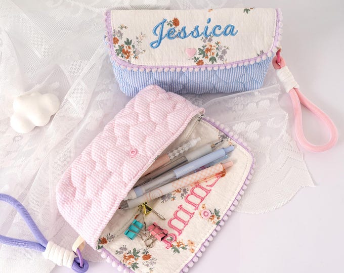 Quilted Pencil Case with Colorful Lanyards, Floral Cotton Pencil Bag, Girly Essential Stationery Pouch