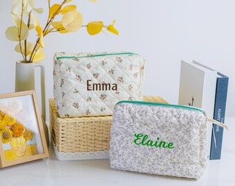 Handmade Floral Quilted Makeup Bag: Cotton Toiletry Travel Pouch