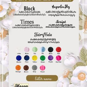 May include: A graphic featuring font styles and thread color options for personalized items. Includes font examples like Block, Times, and Fairy Tale, along with a color palette of white, black, red, and more. Text prompts users to enter font, name, and thread color.