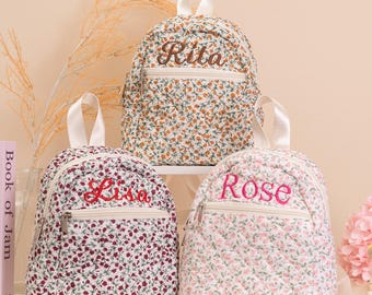 Personalized Floral Cotton Mini Backpack for Adults, Adjustable Straps, Embroidery Name Girls School Bag