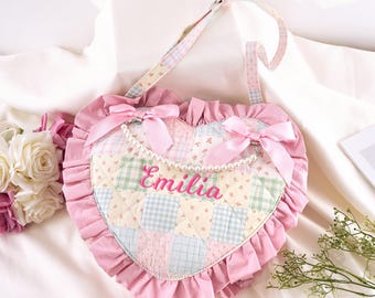 Custom Vintage Heart Patchwork Quilted Tote Bag, Handbag with Double Bow & Pearl Chain