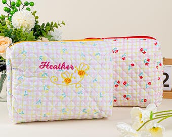 Handmade Quilted Floral Makeup Bag: Cotton Cosmetic & Toiletry Pouch