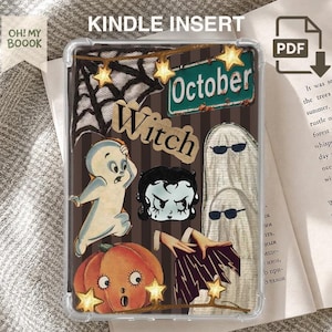 以下が含まれることがあります： 透明なKindle用インサート。ゴースト、カボチャ、魔女のキャラクター、サングラスをかけた2体のゴーストなど、ハロウィーンのイメージをコラージュしたデザイン。クモの巣、星型のライト、October Witchと書かれた看板が含まれています。