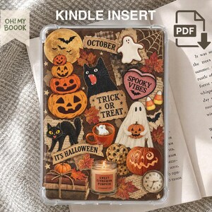 May include: A rectangular Kindle insert featuring a collage of Halloween imagery including stacked jack-o'-lanterns, a black cat, a ghost, a candle labelled Sweet Cinnamon Pumpkin, a clock, and text reading October, Trick or Treat, and It's Halloween.