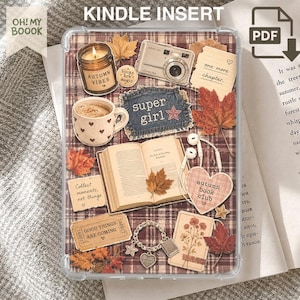 May include: A rectangular Kindle insert featuring a collage of autumn-themed items on a plaid background, including a candle labelled Autumn Vibes, a camera, a coffee mug with hearts, an open book, headphones, and text reading super girl.