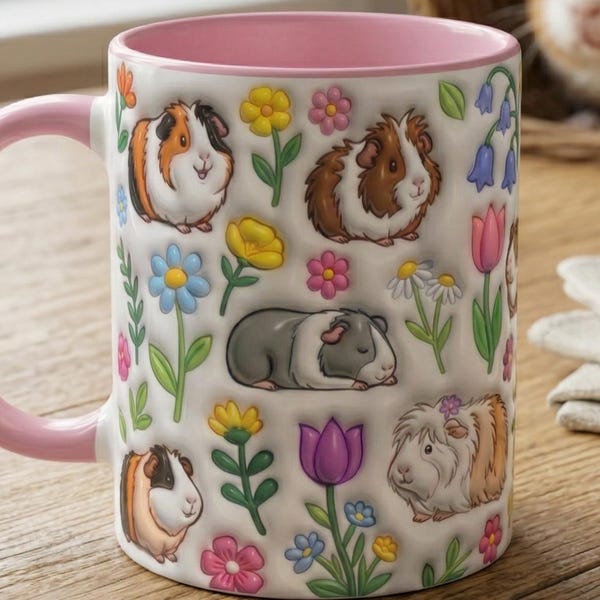 Taza con estampado de cobaya con efecto 3D floral, divertida taza para amantes de los animales, regalo para dueños de cobayas, mamás de cobayas, regalo para ella.