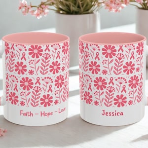 Personalized Breast Cancer Awareness Mug: Pink Floral Ribbon Ceramic Cup