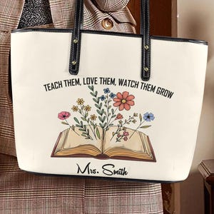 Personalized Teacher PU Leather Tote Bag, Teacher Gift, Graduation Gift, Tote Bag for School Teacher, Teacher Appreciation Gift