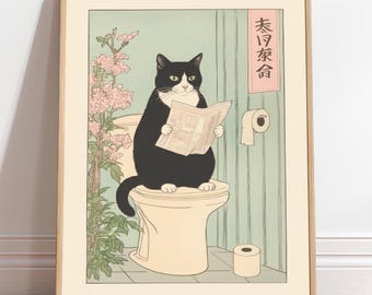 Japanese Tuxedo Cat On Toilet Art, Funny Bathroom Wall Art, Japan art print, Aesthetic wall art, Unique Cat Lover Gift