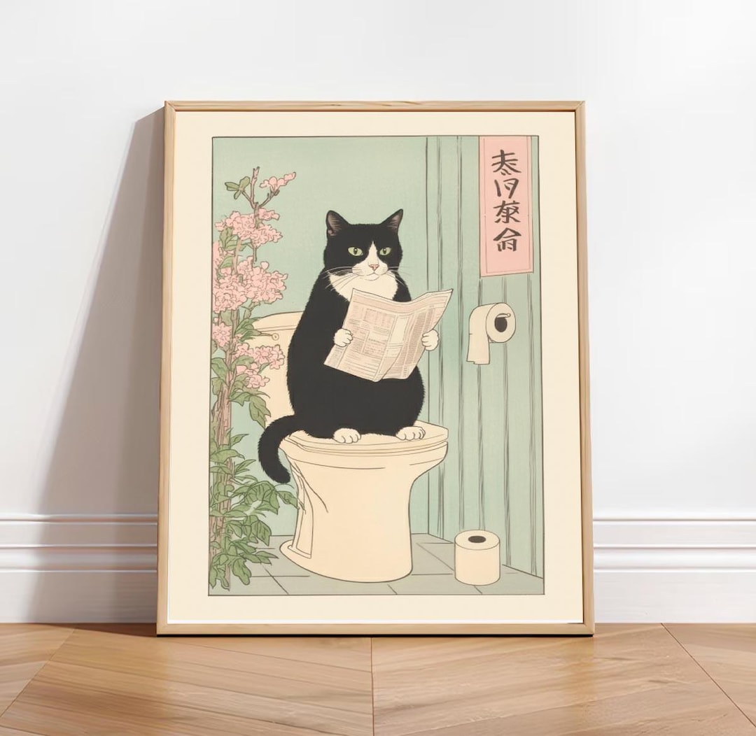 Japanese Tuxedo Cat on Toilet Art, Funny Bathroom Wall Art, Japan Art ...