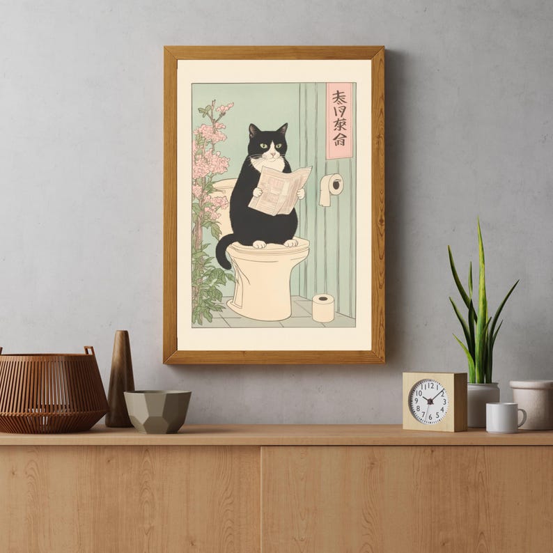 Japanese Tuxedo Cat on Toilet Art, Funny Bathroom Wall Art, Japan Art ...