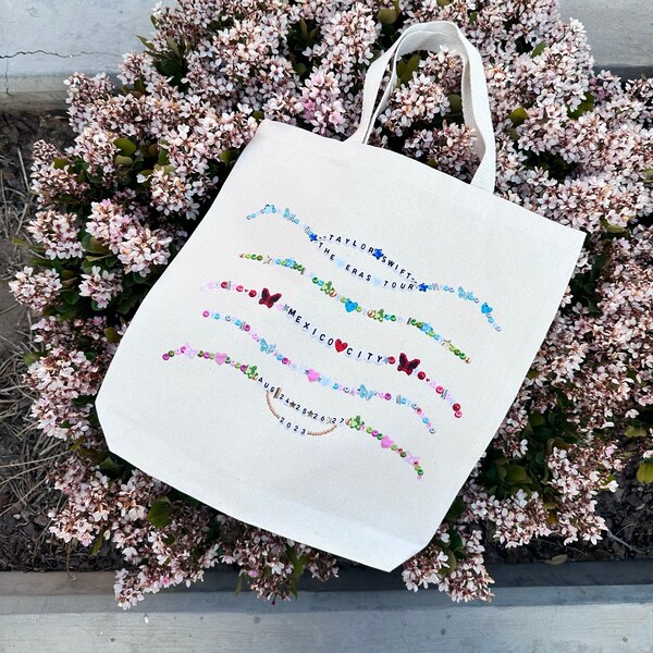 Taylor Friendship Bracelet Tote Bag Customizable To International Eras Tour Cities, TS Eras Tour Concert Merch Souvenir, Swiftie Merch