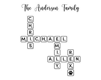 Nombres de familia personalizados de Scrabble SVG PNG, nombres de crucigramas personalizados, orden de mosaicos de letras personalizado, apellido familiar, regalo familiar, regalo de cumpleaños.