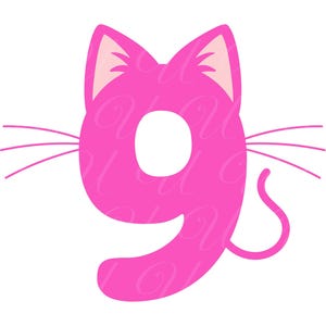 May include: A pink number nine with cat ears and whiskers. The number has a rounded shape with a tail, and the cat ears are filled with a lighter pink color. The whiskers extend from the left side of the number.