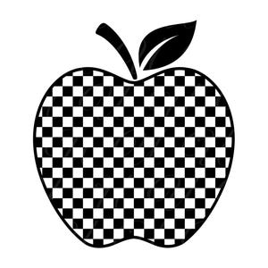 May include: A black and white checkered apple illustration. The apple shape is filled with a grid of alternating black and white squares. A black stem and leaf are at the top of the apple.