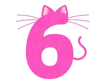 Número de gato para sexto cumpleaños SVG, PNG, PDF, camiseta de sexto cumpleaños, número de gato 6, número de gatito, niña de cumpleaños, fiesta de cumpleaños, archivo de corte Cricut, silueta.