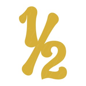 May include: A golden-yellow script numeral "1/2" on a white background. The numbers are stylized with rounded edges, giving a playful and decorative appearance. The design is simple and clean.