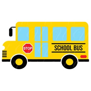 Puede incluir: Ilustración de un autobús escolar amarillo con ruedas y molduras negras. El autobús tiene ventanas azules, una señal de stop roja y las palabras "SCHOOL BUS" en negro. Se ve un espejo lateral negro.