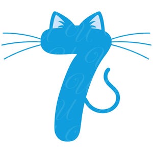 Número do gato para aniversário de 7 anos SVG, PNG, PDF, camiseta de sétimo aniversário, gato número 7, gatinho número 7, aniversariante, festa de aniversário, arquivo de corte Cricut, silhueta.