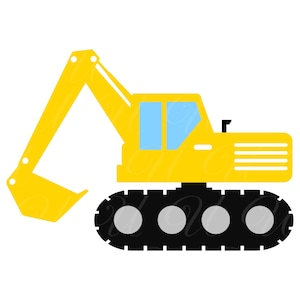 Könnte beinhalten: Gelbe Bagger-Illustration mit schwarzem Kettenfahrwerk und blauem Fenster. Der Baggerarm ist angehoben und die Schaufel ist geöffnet. Das Design ist einfach und cartoonartig.