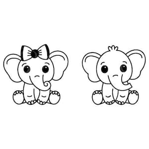 May include: Two black and white cartoon elephant illustrations. One elephant has a bow on its head, and the other has a small tuft of hair. Both elephants have large ears, round eyes, and curled trunks.