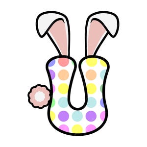 Letra U de conejito de Pascua SVG, PNG, PDF, camiseta del día de Pascua Png, orejas de conejo Letra U Png, letras retro onduladas y con estilo, archivo de corte Cricut, silueta.
