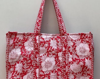 Quilted Cotton Handprinted Reversible Large Floral Tote Bag Eco friendly Sustainable Sturdy Grocery Shopping Handmade Boho bag