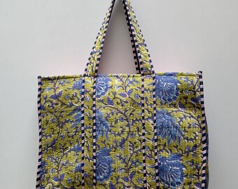 Blaue Baumwoll-Einkaufstasche mit Blumenmuster, gesteppte Tragetaschen aus Baumwolle mit Handblockdruck, Einkaufstasche, Alltagstasche, umweltfreundlich, tägliche Schultertaschen