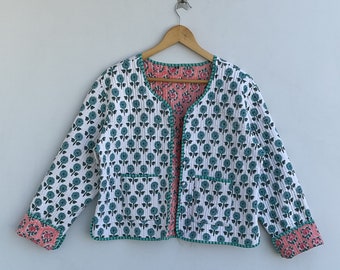 Indian HandBlock Print Fabric Quilted Jacket Short Kimono Women Wear New Style White And Pink Flower Coat New Photo Uploaded