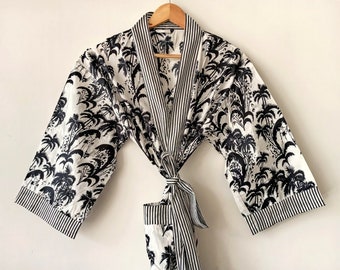 Black Palm Tree Print Robe cotton kimono robe Beachwear kimono Bath robe unique gift Loungewear kimono Dressing Gown Night Dress