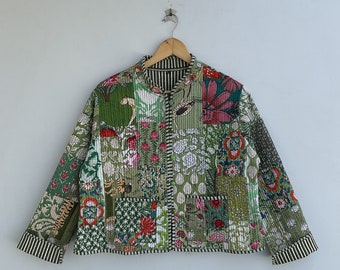 Green Patchwork Jacket, Hand Stitched Cotton Patchwork Jacket, Cotton Sari Kantha Coat, Short Jacket, Patch work Jacket